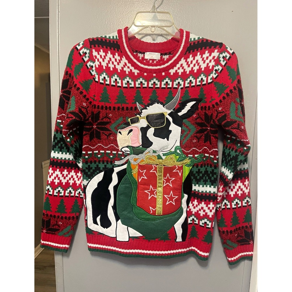 Holiday Time Women's XS Knit Pullover Sweater Fair Isle Christmas Cow Crewneck